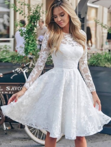 Весеннее женское элегантное белое кружевное платье с круглым вырезом и длинным рукавом, пышное короткое свадебное платье