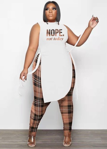 Summer Women Plus Size Printed O-neck Sleeveless Slim Slit Long Top and Brown Plaid Tight Pants Set Wholesale Two Piece Clothing