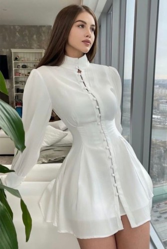 Bahar Kadın Seksi Beyaz Düğmeli Yüksek Boyun Uzun Kollu A-line Parti Elbise