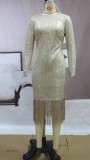 Spring Women Elegant Golden Sequins O-neck Long Sleeve Fringe Tassels Party Dress