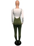 Spring Women White O-neck Long Sleeve T-shirt and Slim Green Bib Romper Wholesale Women'S Two Piece Sets