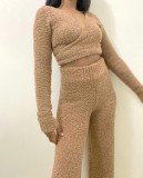 Winter Casual Khaki Fleece V-neck Long Sleeve Crop Top and Wide-legged Pants Wholesale Women'S Two Piece Sets
