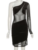 Spring Women Sexy Black Velvet Patch Mesh See Through One Sholder Long Sleeve Bodycon Dress