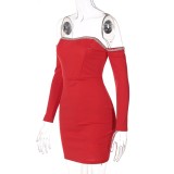Spring Women Sexy Rhinestone Trim Red Off Shoulder Long Sleeve Bodycon Dress