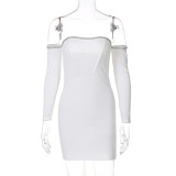 Spring Women Sexy Rhinestone Trim White Off Shoulder Long Sleeve Bodycon Dress