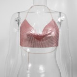 Summer Women Sexy Bling Bling Pink Metal Chain Backless Nightclub Tube Top