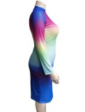 Spring Women Plus Size Blue Tie Dye O-neck Long Sleeve Slim Midi Dress