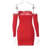 Spring Women Sexy Rhinestone Trim Red Off Shoulder Long Sleeve Bodycon Dress