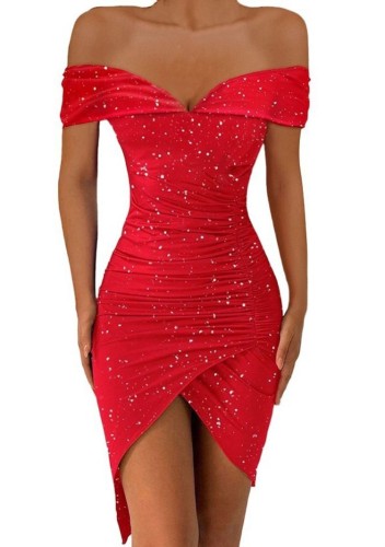 Vestido feminino sexy vermelho com ombros de manga curta franzida irregular para festa