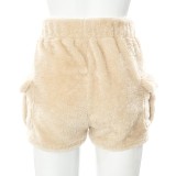 Winter Women Casual High Waist Pocket Beige Fleece Shorts