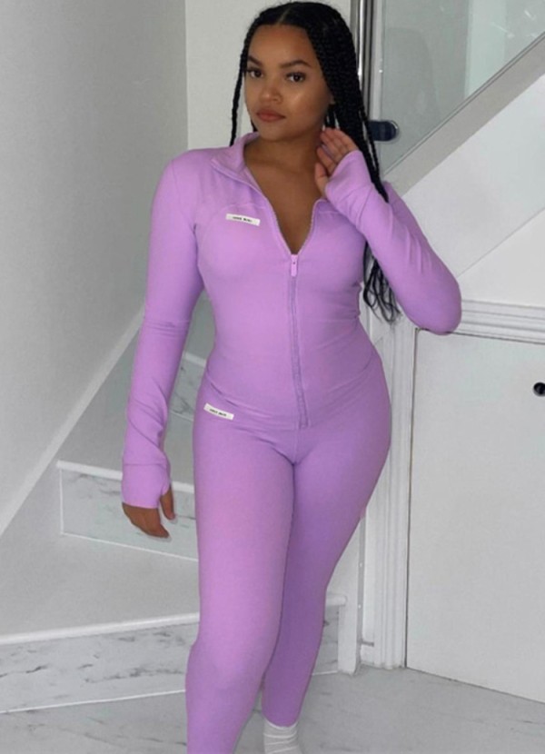 Spring Women Casual Purple Turndown Collar Zip Up Slim Fit Two Piece Wholesale Jogger Suit