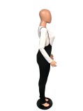Spring Women White O-neck Long Sleeve T-shirt and Slim Black Bib Romper Wholesale Women'S Two Piece Sets