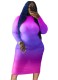 Spring Women Plus Size Purple Tie Dye O-neck Long Sleeve Slim Midi Dress