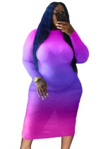 Весеннее женское тонкое платье миди с длинным рукавом и фиолетовым принтом большого размера с круглым вырезом и длинными рукавами