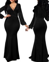 Primavera mujer elegante negro con cuello en v manga larga sirena vestido de noche