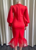 Winter Red Bubble Bead Puffed Long Sleeve Mesh Bodycon Dress