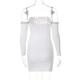 Spring Women Sexy Rhinestone Trim White Off Shoulder Long Sleeve Bodycon Dress