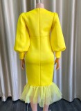 Winter Yellow Bubble Bead Puffed Long Sleeve Mesh Bodycon Dress