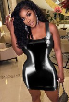 Bahar Kadın Seksi Sapanlar Siyah Faux PU Deri Slim Fit Bodycon Club Elbise
