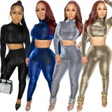Spring Women Sexy Golden O-neck Long Sleeve Slim Fit Crop Top and High Waist Pants Wholesale Two Piece Sets