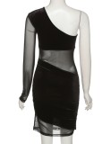 Spring Women Sexy Black Velvet Patch Mesh See Through One Sholder Long Sleeve Bodycon Dress