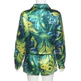 Spring Women Casual Green Printed Turndown Collar Button Up Long Sleeve Blouse and Shorts Wholesale Two Piece Short Set