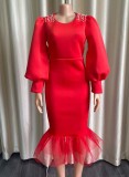 Winter Red Bubble Bead Puffed Long Sleeve Mesh Bodycon Dress