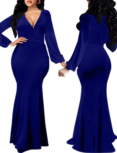 Vestido de noite feminino elegante com decote em v azul sereia de manga comprida