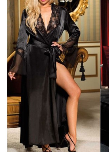 Spring Plus Size Sexy Black Lace Satin Long Sleeve Robe Long Dress Lingerie
