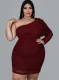 Spring Plus Size Sexy Wine One Shoulder Long Sleeve Bodycon Dress