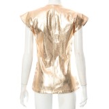 Spring Fashion Golden Pu Leather Short Sleeve Blazer