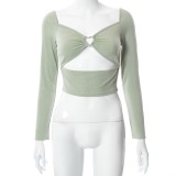 Spring Sexy Green Heart Cut Out Long Sleeve Crop Top