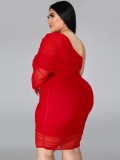 Spring Plus Size Sexy Red One Shoulder Long Sleeve Bodycon Dress