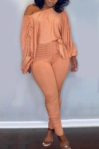 Primavera Sexy Stripe Arancione Backless Con Cintura Ruffles Manica Lunga E Pantalone All'ingrosso 2 Pezzi Set