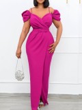 Summer Elegant Pink Straps V Neck Short Sleeve Party Long Dress