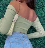 Spring Sexy Green Heart Cut Out Long Sleeve Crop Top