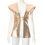 Spring Fashion Golden Pu Leather Short Sleeve Blazer