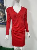 Spring Sexy Red Deep V Neck Long Sleeve Midi Dress