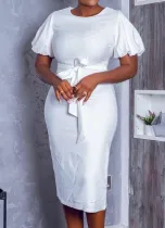Summer Elegant White Plain Ruffles Short Sleeve With Belt Midi Dress