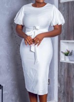 Summer Elegant White Plain Ruffles Short Sleeve With Belt Midi Dress