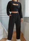 Spring Fashion Black Vest And Long Sleeve Top And Pant 3 Piece Set