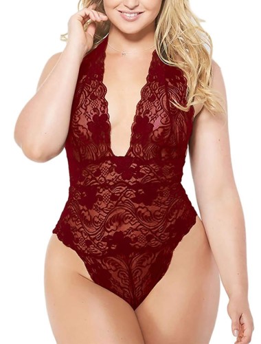 Summer Plus Size Red Halter Sexy Lingerie Body in pizzo