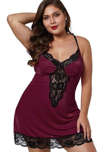 Summer Plus Size Red Straps V Neck With Sexy Lace Mini Dress Lingerie