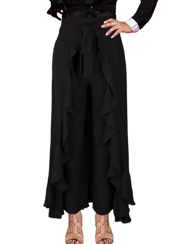 Primavera elegante negro de cintura alta con falda de volantes de cinturón