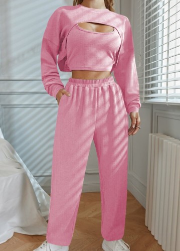 Conjunto de 3 peças de colete rosa moda primavera e mangas compridas e calça