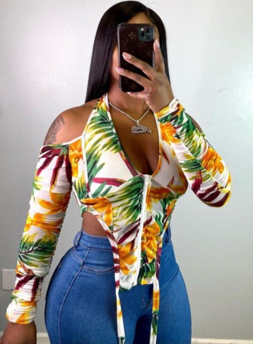 Spring Sexy Print Cut Out Long Sleeve Crop Top