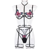 Sexy Black Butterfly Bra Hollow Out Three Piece Lingerie Set
