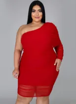Spring Plus Size Sexy Red One Shoulder Long Sleeve Bodycon Dress