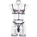 Sexy Black Butterfly Bra Hollow Out Three Piece Lingerie Set