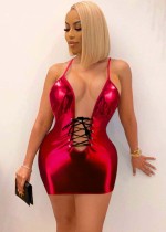 Summer Sexy Red Pu Coating Sleeveless Backless Bandage Hollow Out Mini Dress